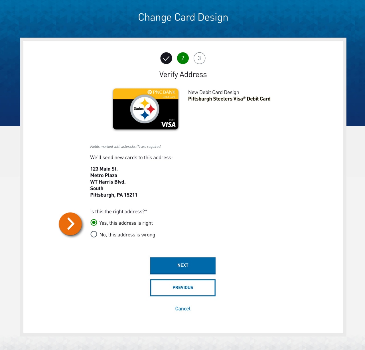 Screenshot of Step 2, Verify Address, of the change card design process​