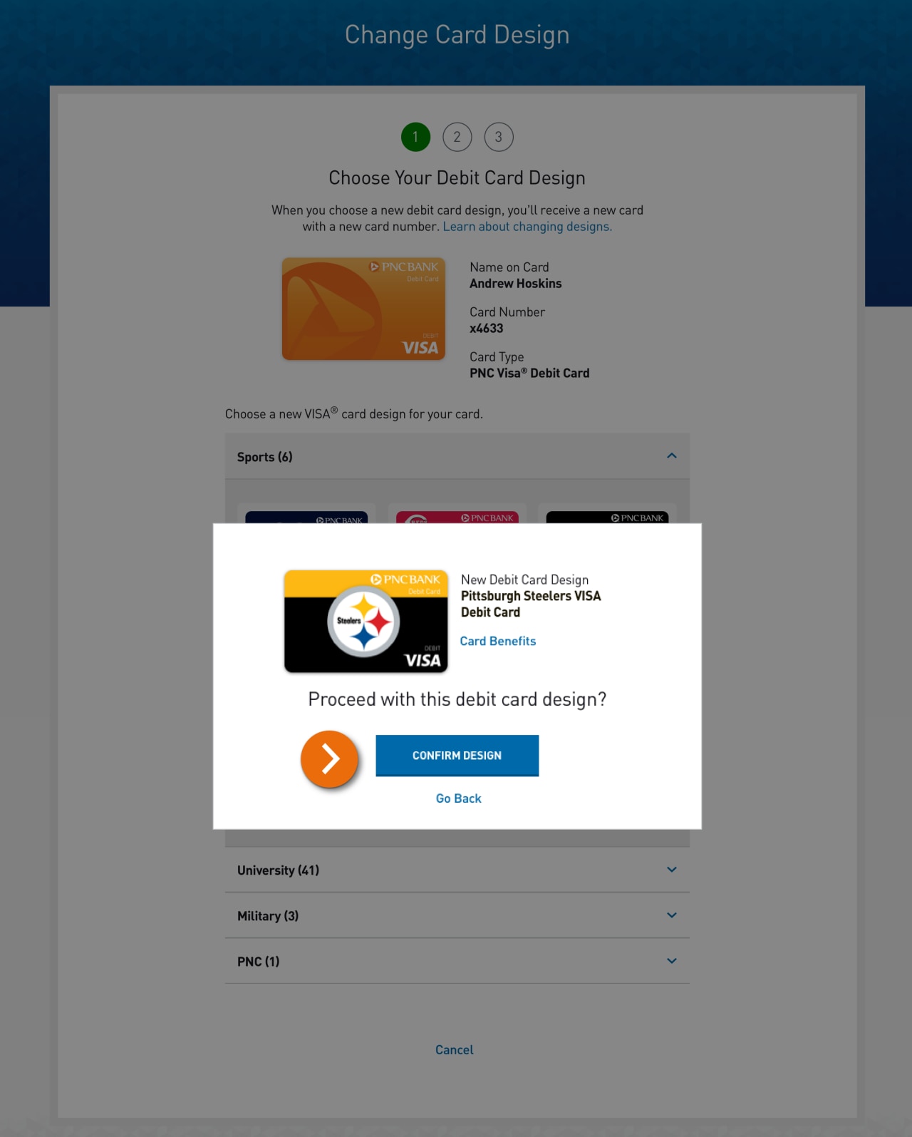 Screenshot of the debit card design confirmation popup within the Change Card Design process​