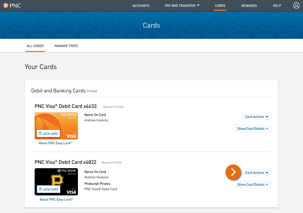 Screenshot of the Cards page​
