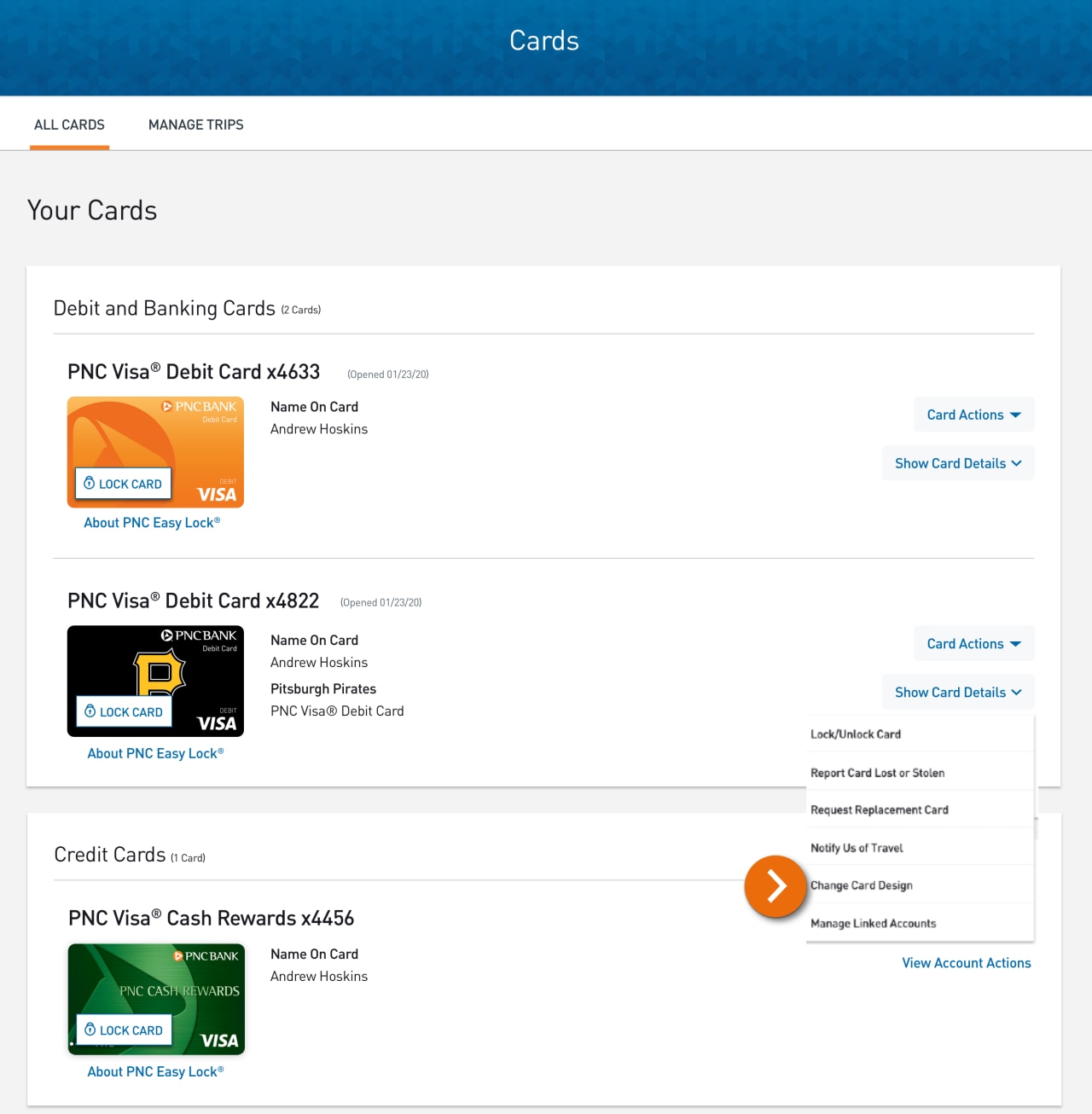 Screenshot of the Cards page​ with “Card Actions” dropdown open