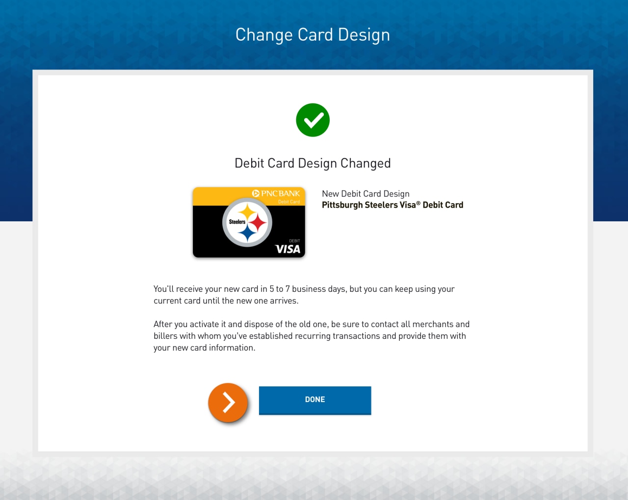 Screenshot of the confirmation that the debit card design was changed.​