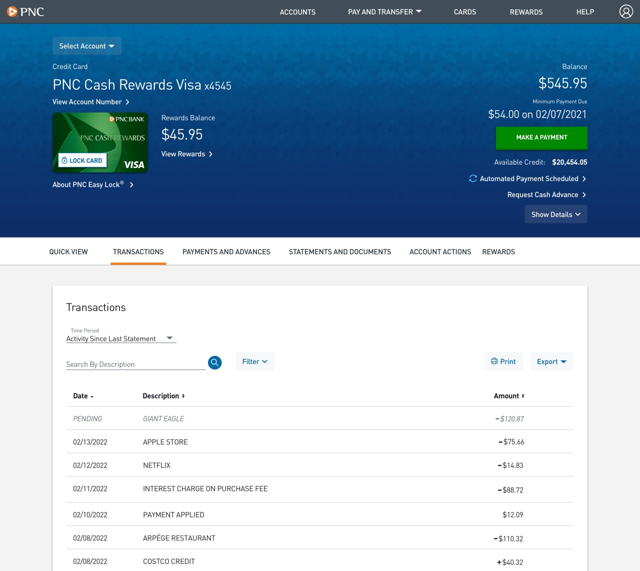 Screenshot of the Transactions page​