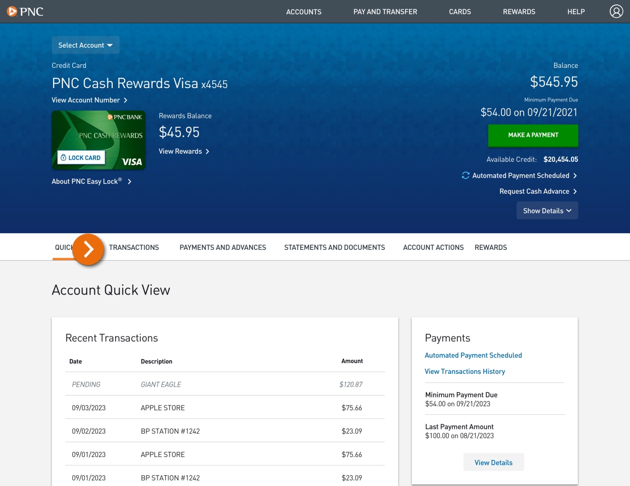 creenshot of the Quick View page displaying links to various account management tools