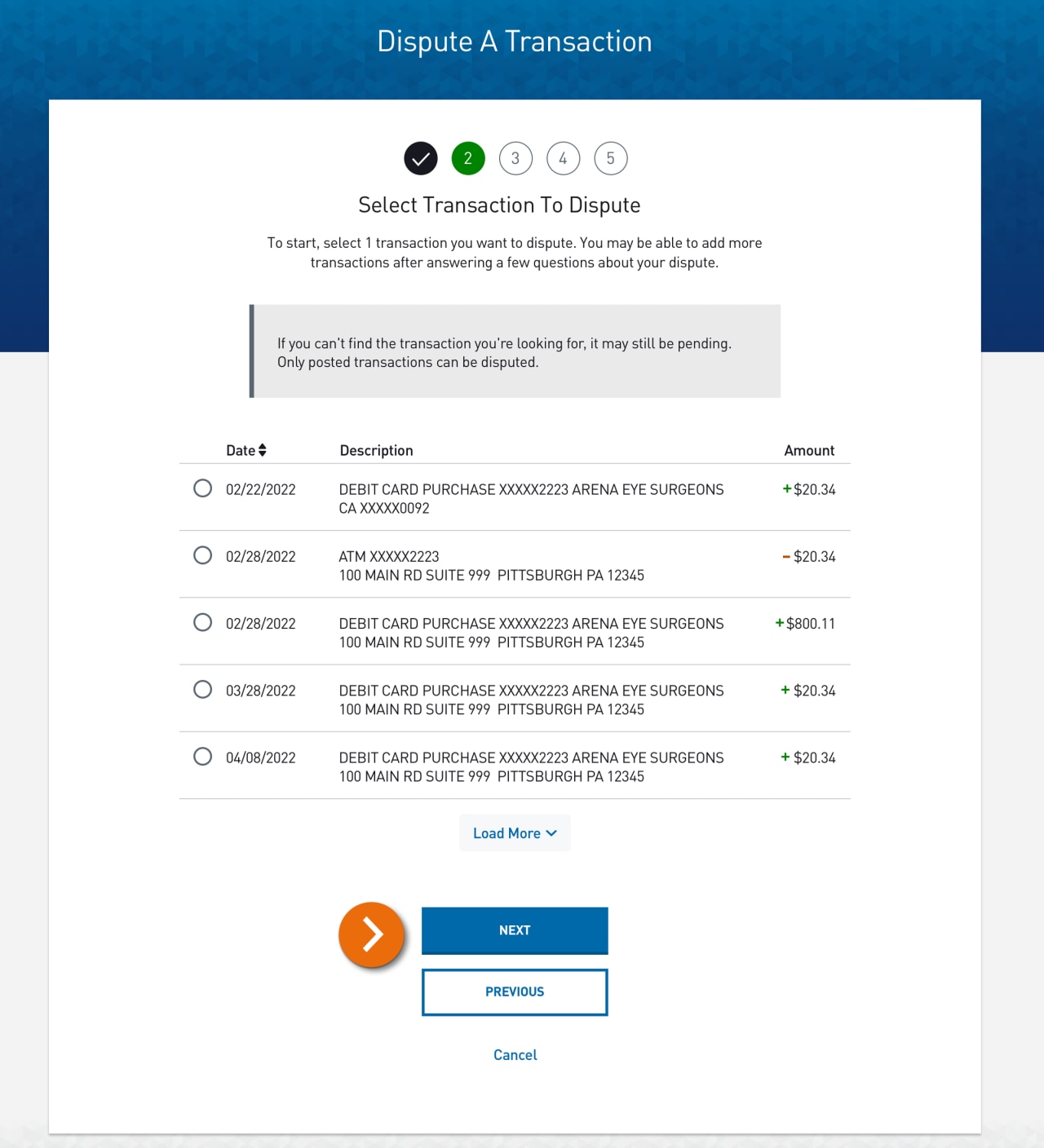 Screenshot of step 2 of dispute a transaction​