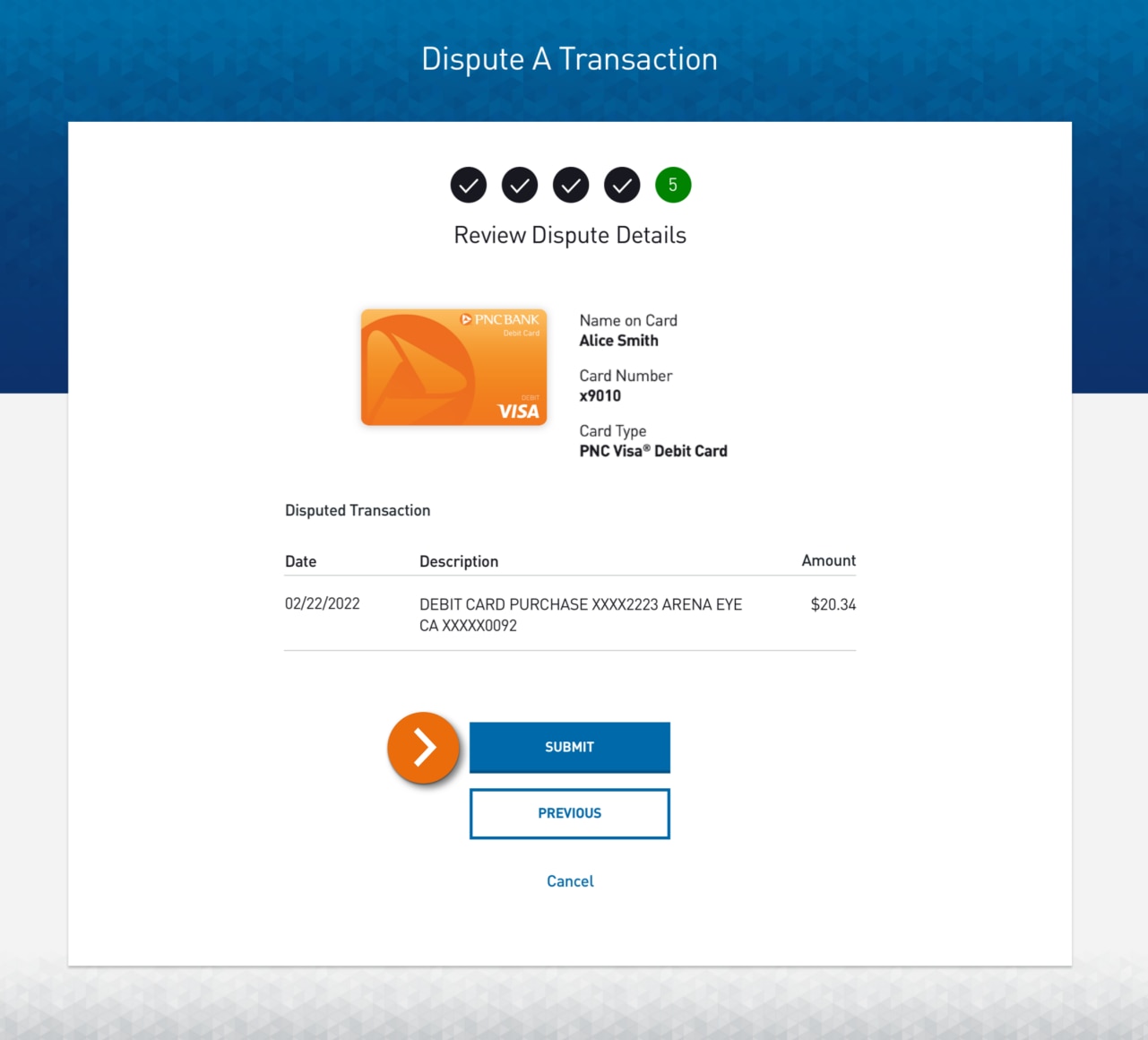 Screenshot of step 5 of dispute a transaction​