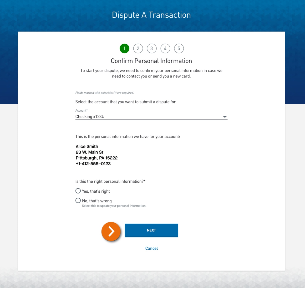 Screenshot of step 1 of dispute a transaction​