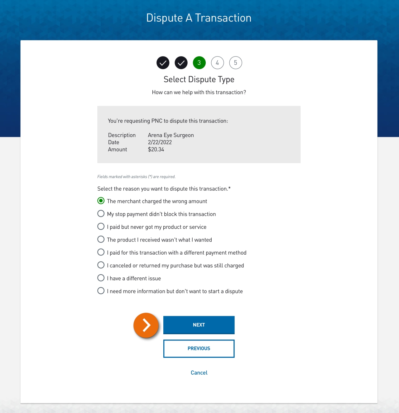 Screenshot of step 3 of dispute a transaction​