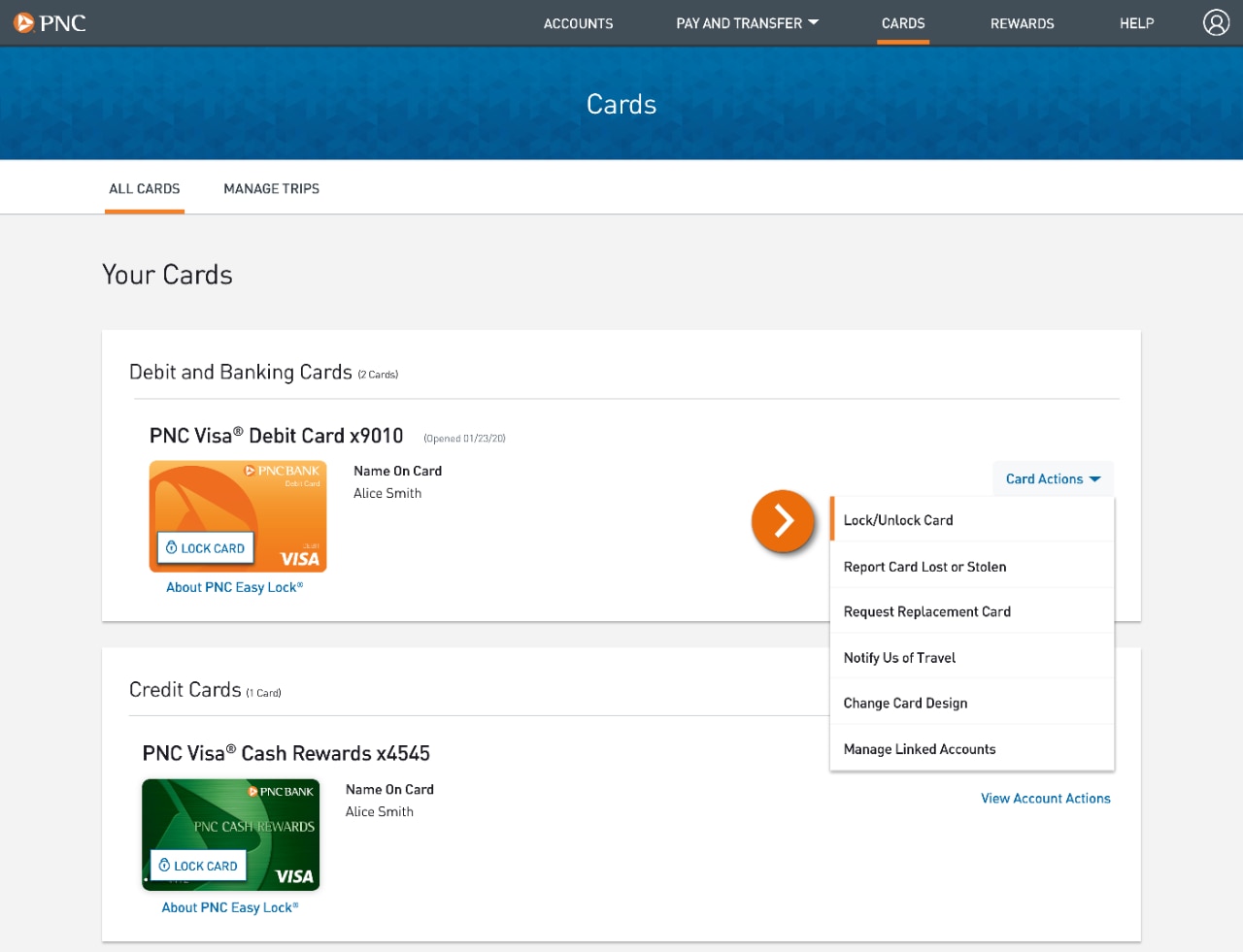 Screenshot of Cards page with Card actions menu open