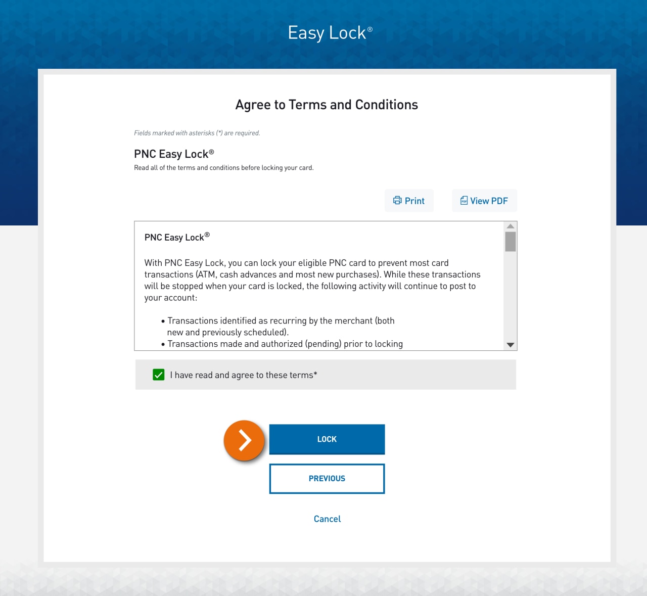 Screenshot of the Terms and Conditions for Easy Lock