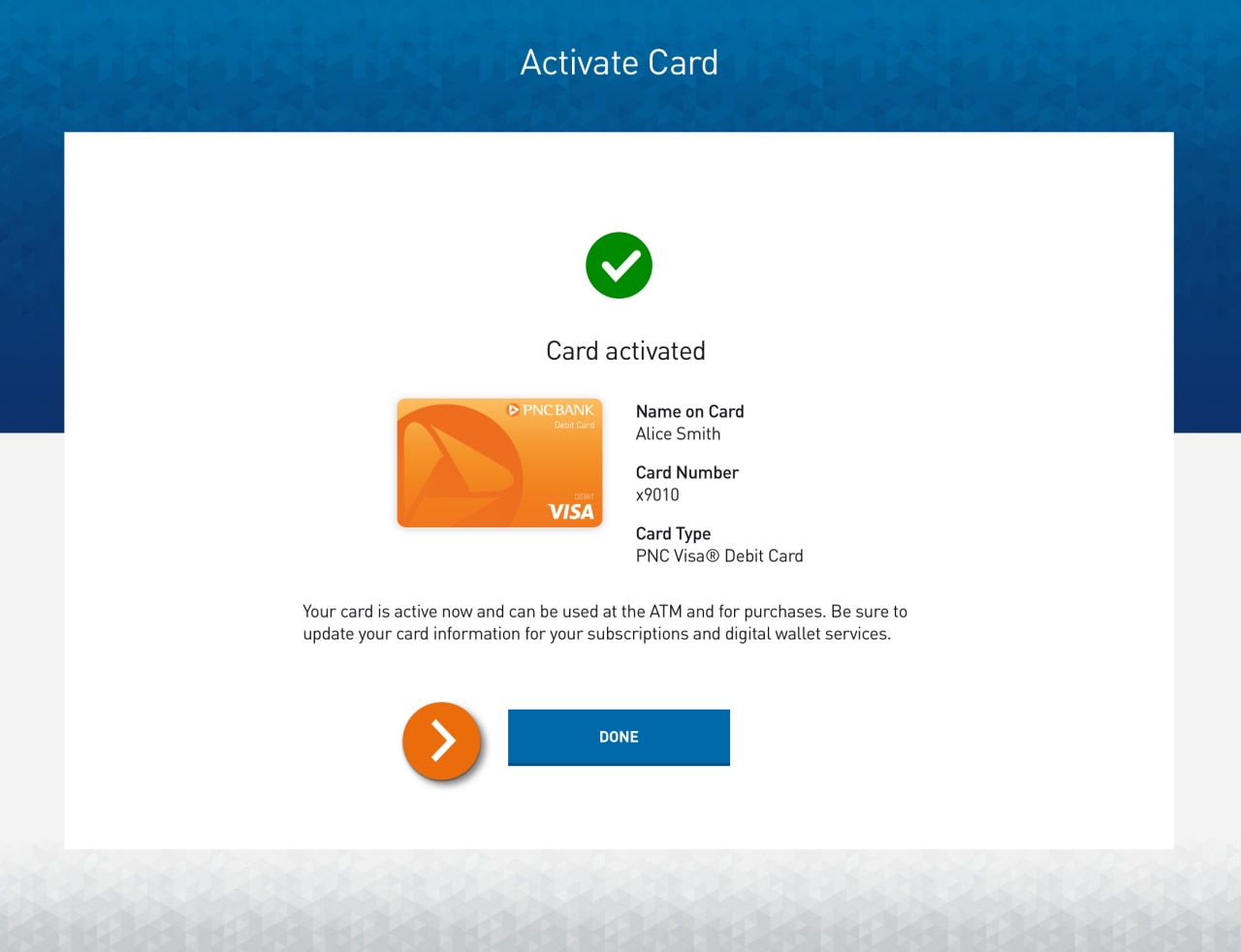 Screenshot of the Activate Card form displaying a success message confirming card activation. 