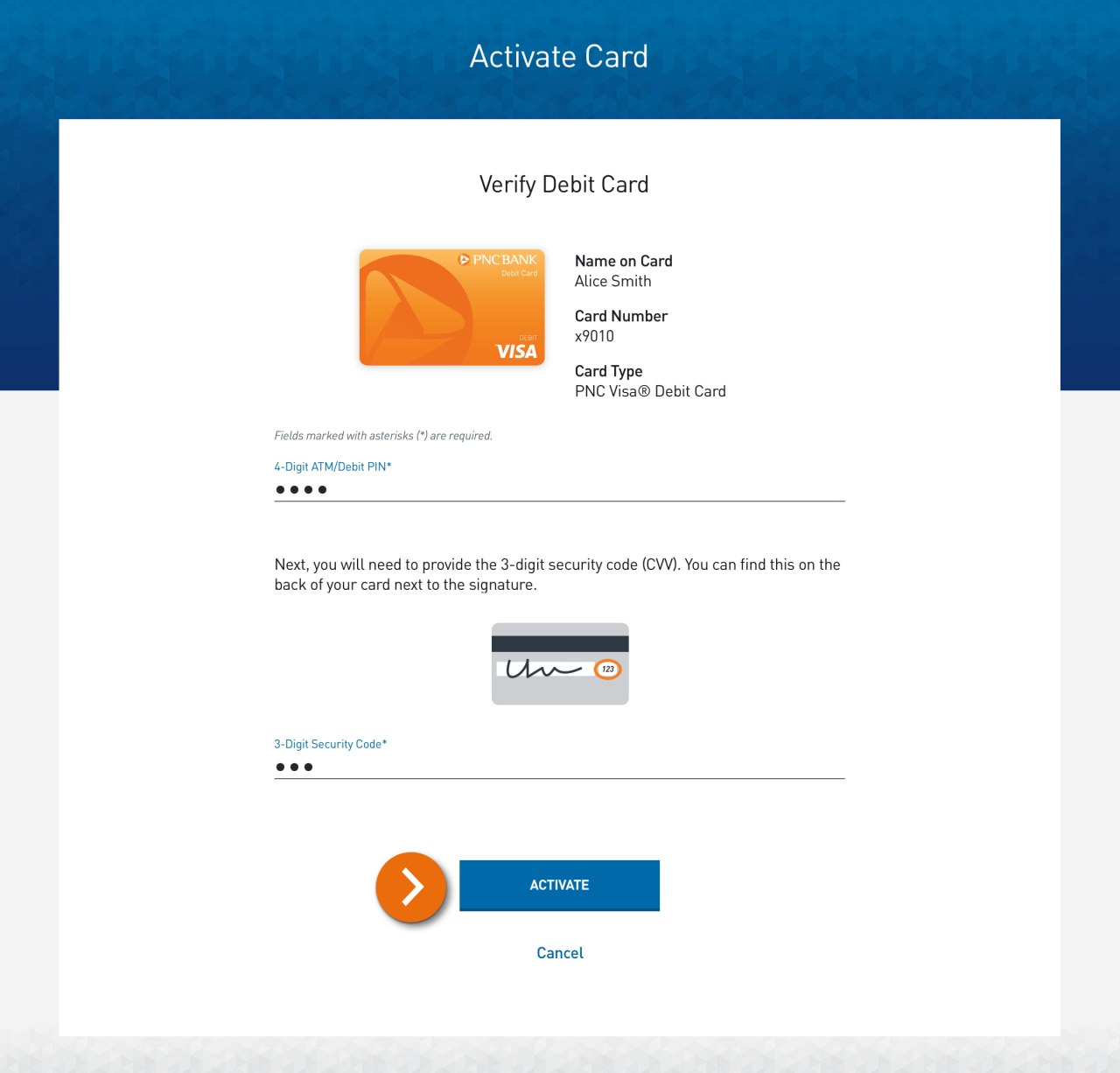 Screenshot of the Activate Card form with instructions to input PIN and three-digit security code. 
