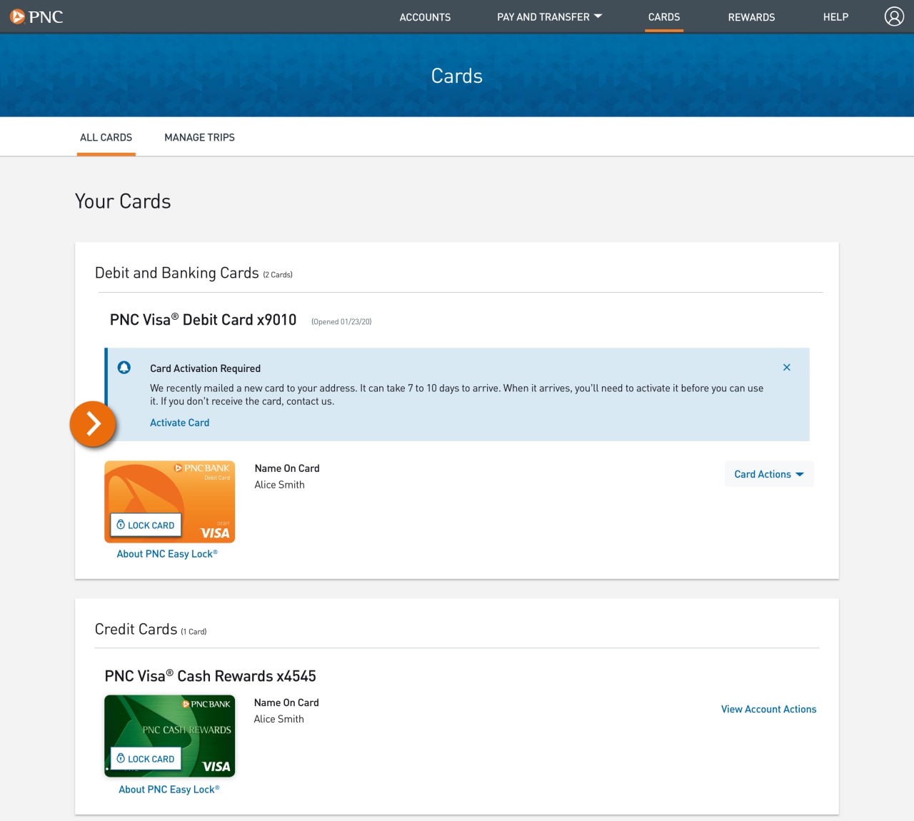 Screenshot of the Cards landing page.
