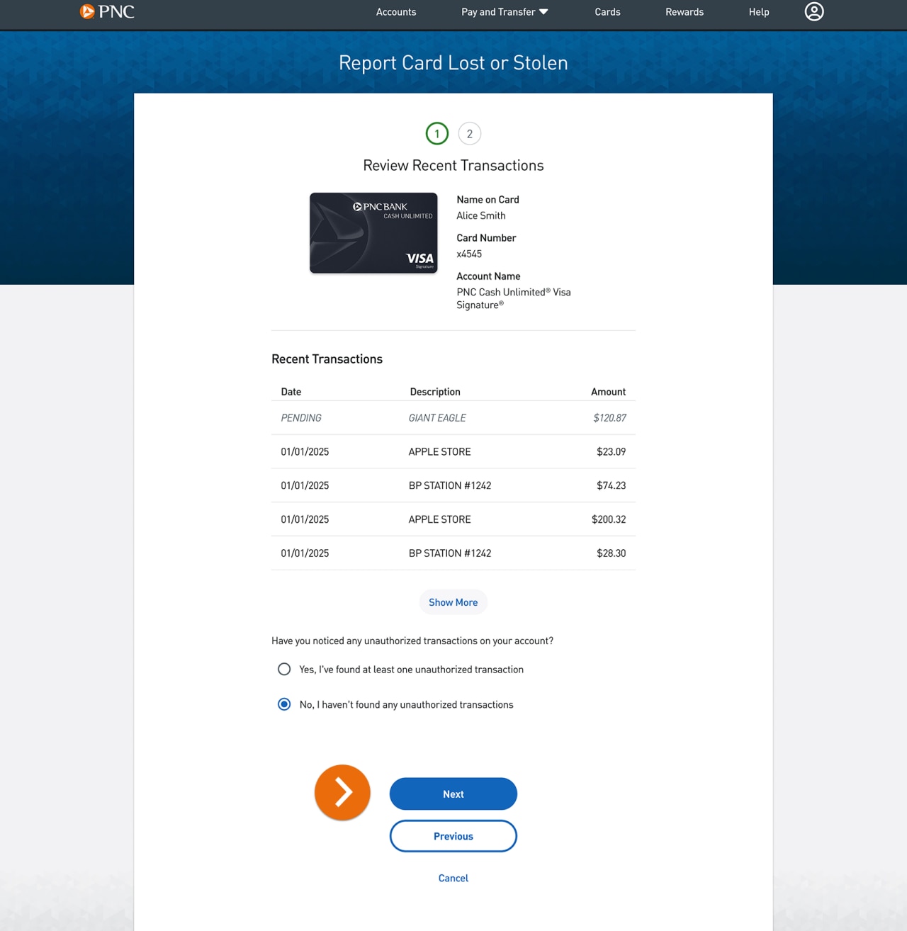 Review Recent Transaction and selecting No, I haven’t found any unauthorized transactions.
