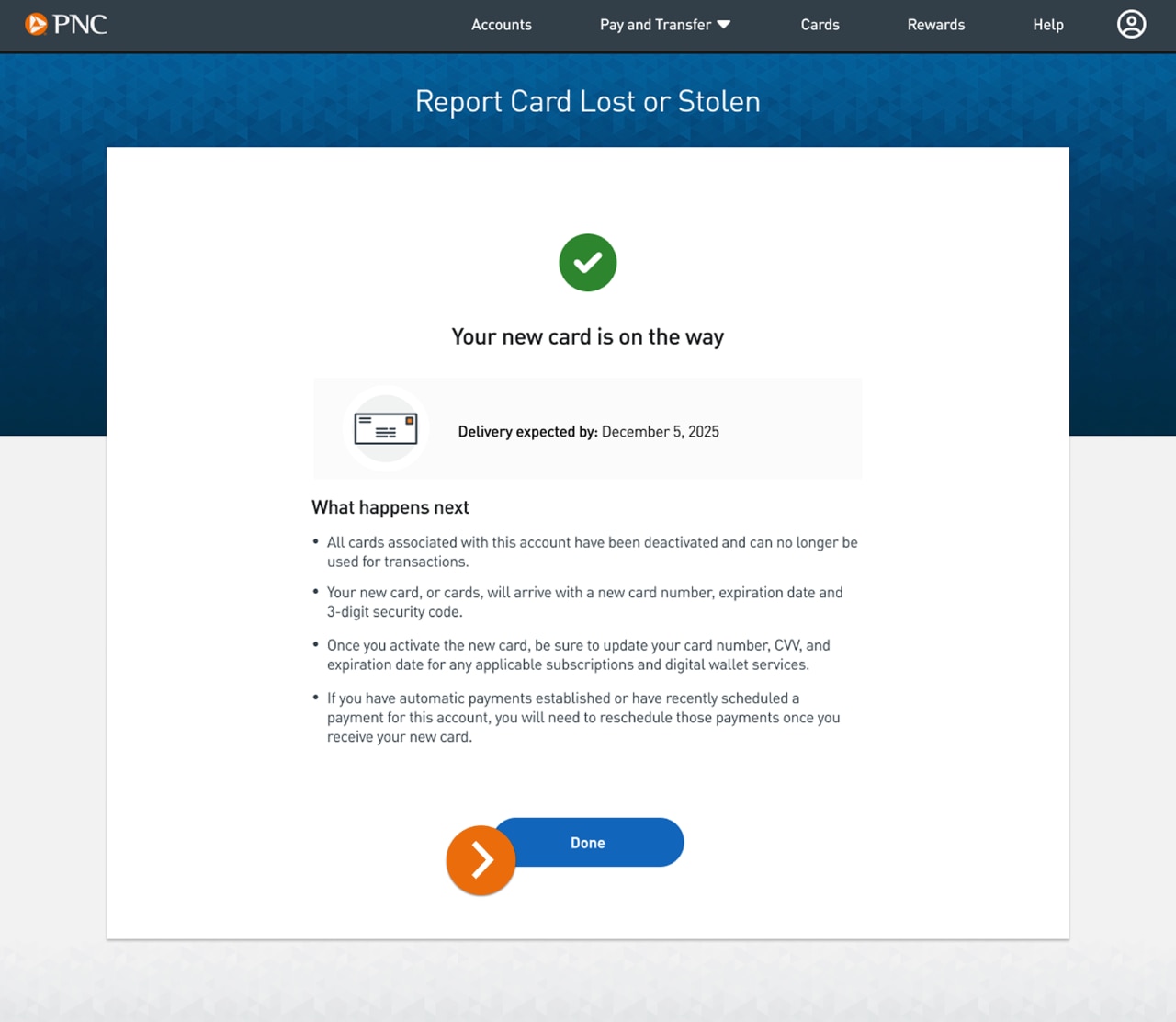 Your new card is on the way message with delivery date and what happens next steps.
