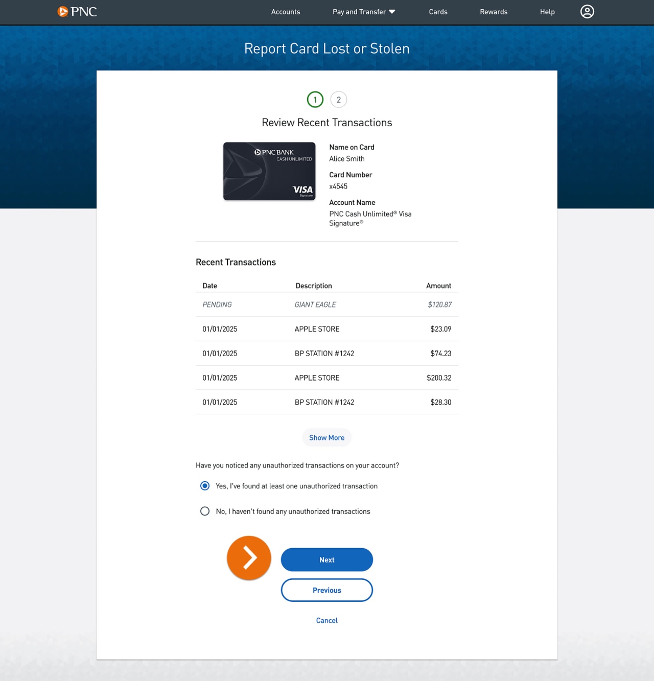 Review Recent Transaction and selecting No, I haven’t found any unauthorized transactions.