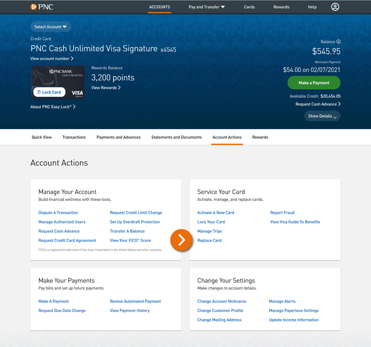 Screenshot of Account Actions Screen