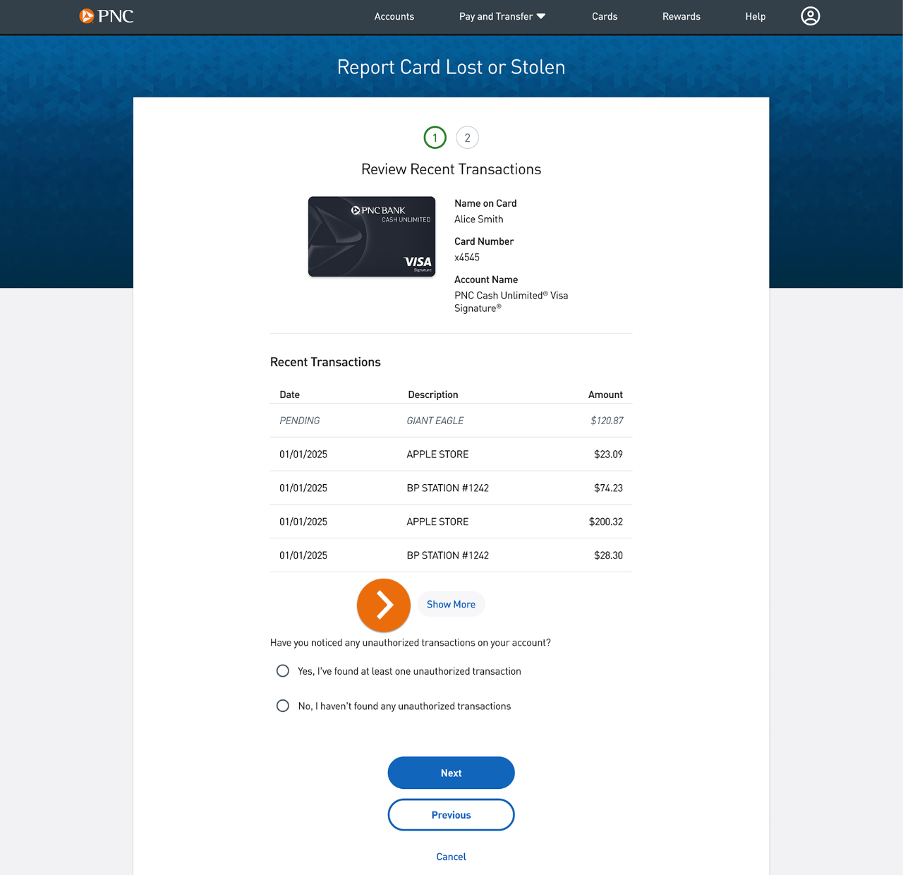 Displays recent transactions to be reviewed for unauthorized transactions.