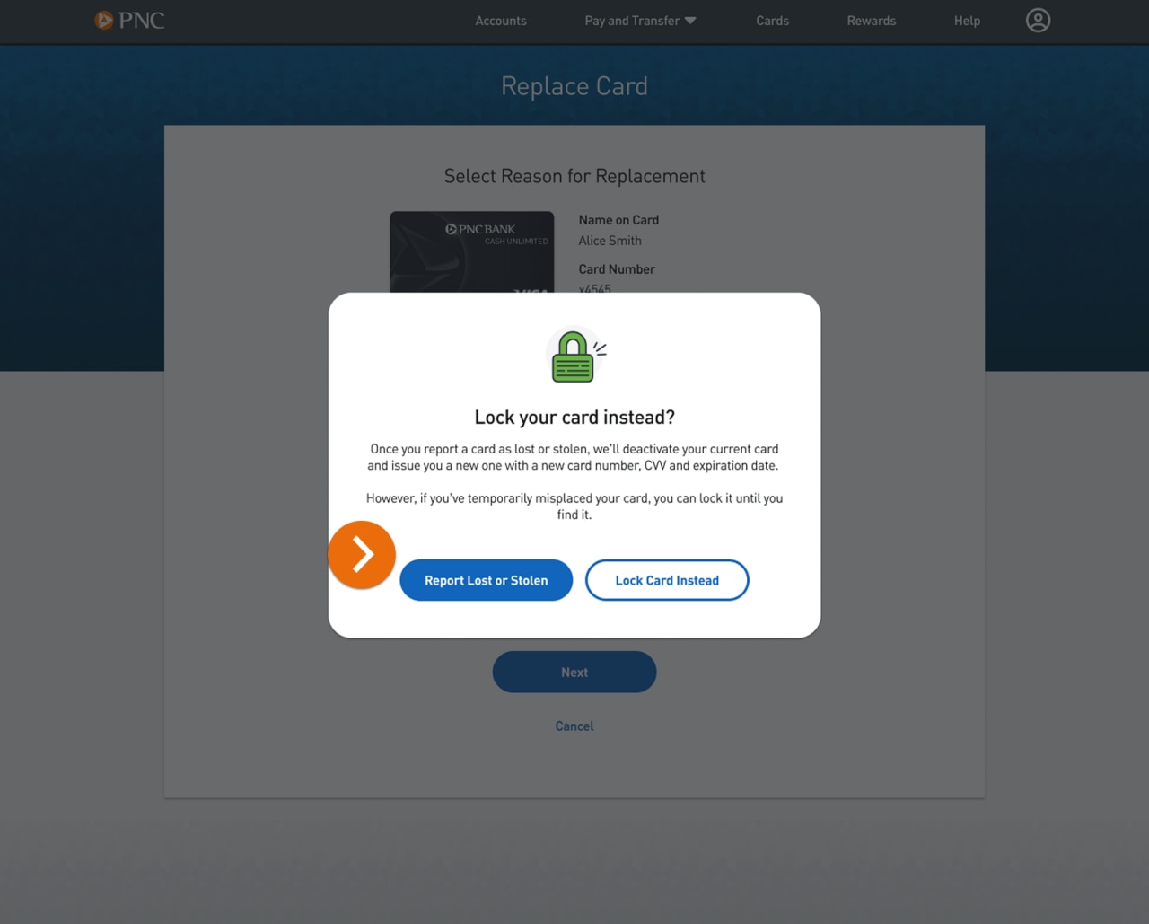 Lock your card instead message.