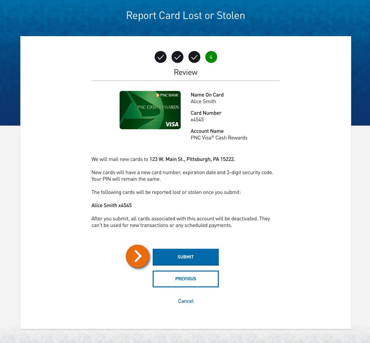 Screenshot of step 4 of 4 of the Report Card Lost or Stolen form displaying a review of the input customers provided .