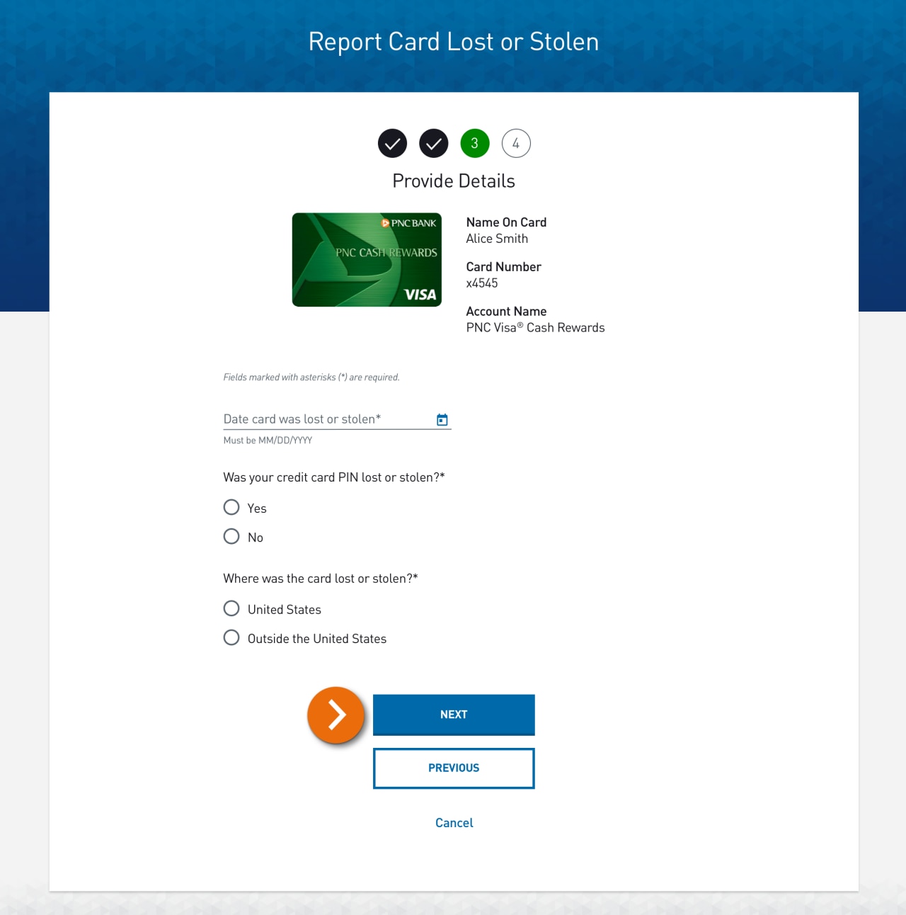 Screenshot of step 3 of 4 the Report Card Lost or Stolen form displaying questions about where and when the card went missing.