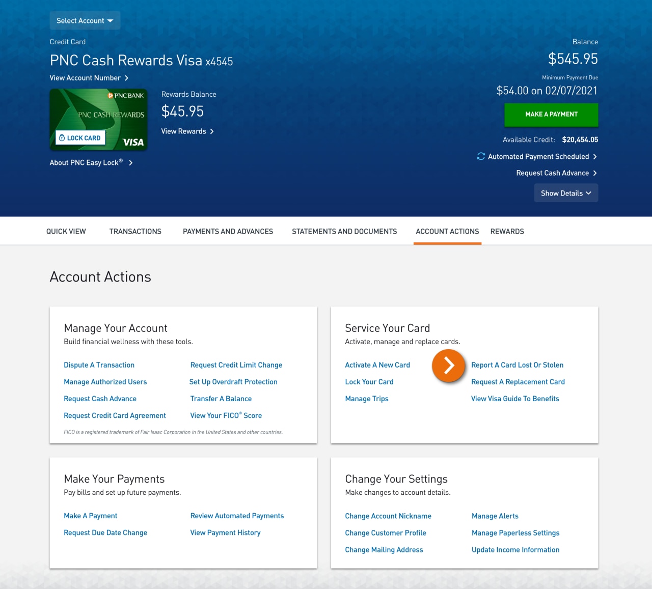 Screenshot of the Account Actions page displaying links to various account management tools