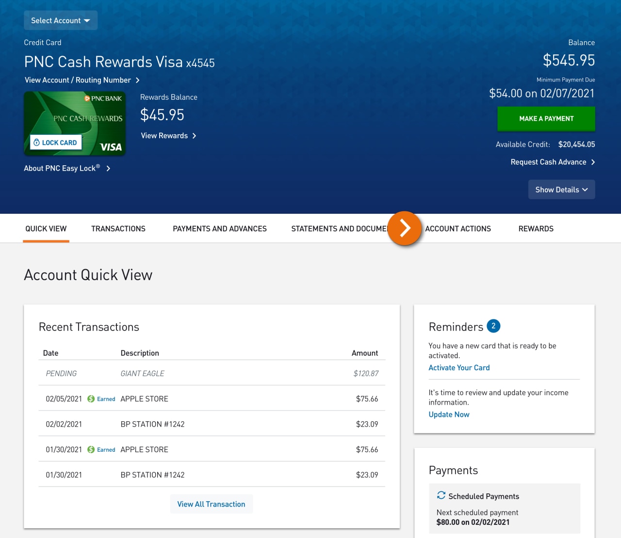 Screenshot of the Account Actions page displaying links to various account management tools