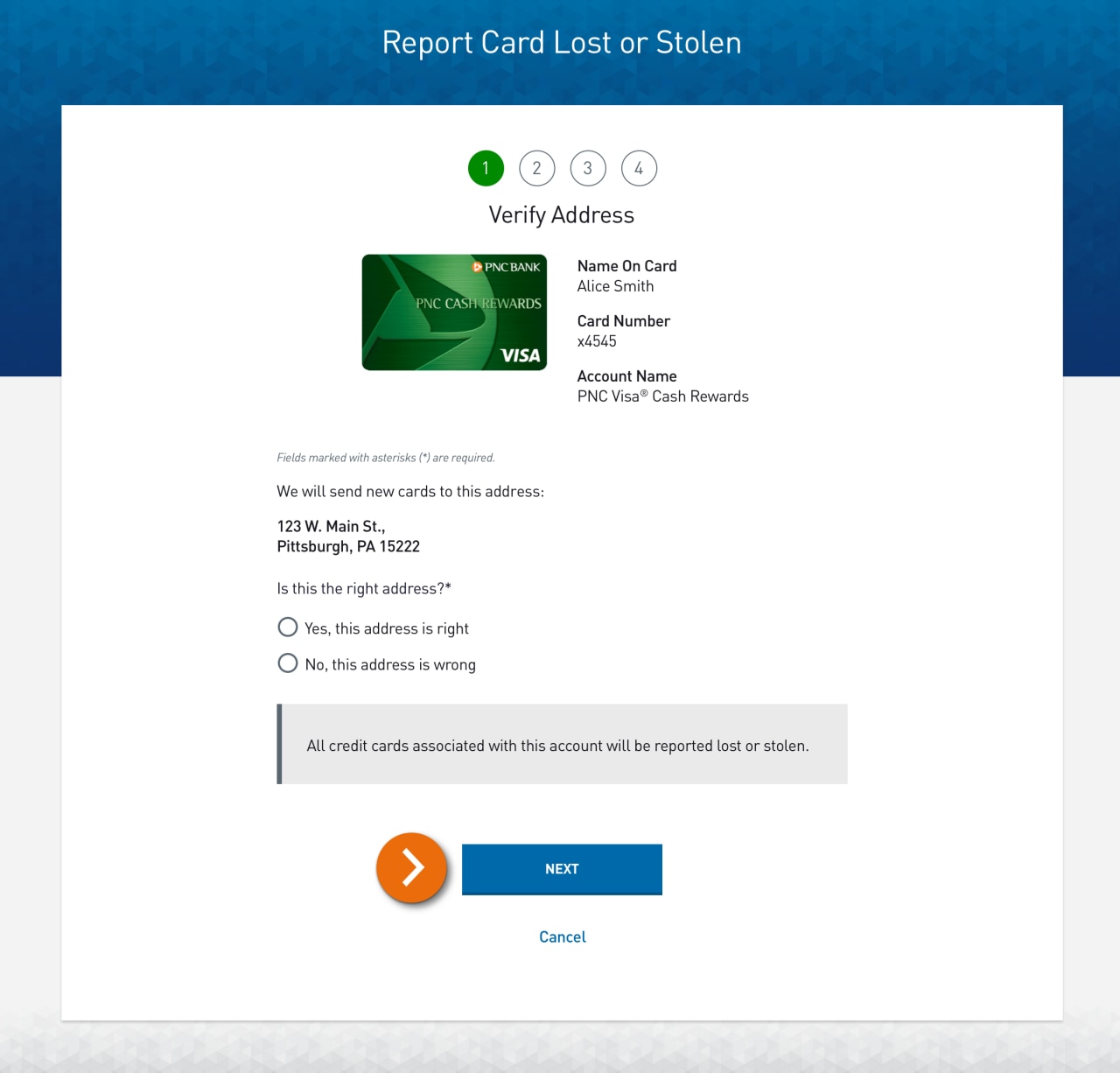 Screenshot of step 1 of 4 of the Report Card Lost or Stolen form with instructions to verify address.