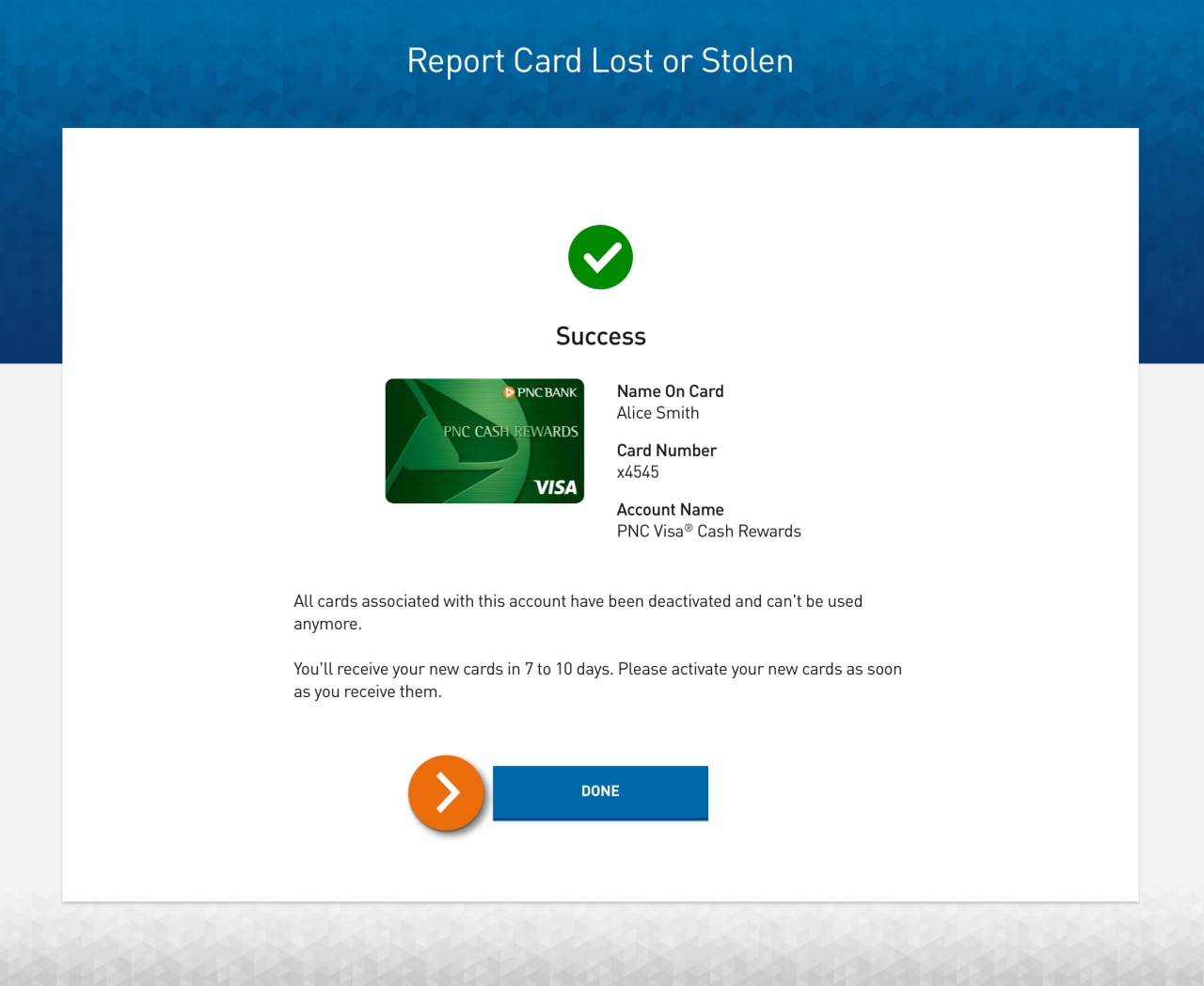Screenshot of the Report Card Lost or Stolen form displaying a success message confirming card deactivation and that a new card will arrive in 7-10 business days.