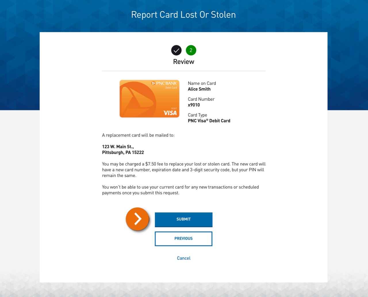 Screenshot of the Report Card Lost or Stolen review step.