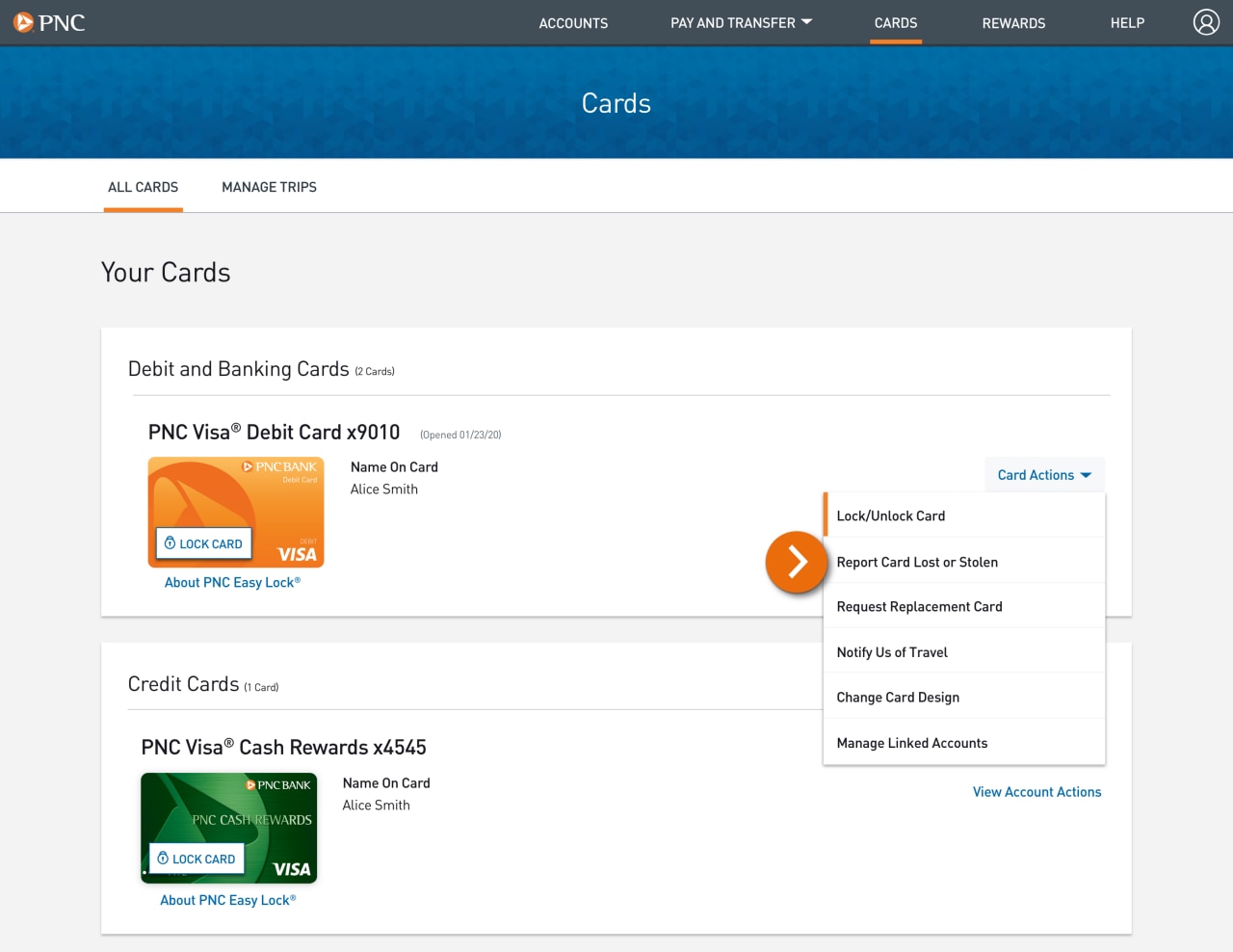 Screenshot of the Card page displaying debit cards and the Card Actions dropdown menu expanded.​