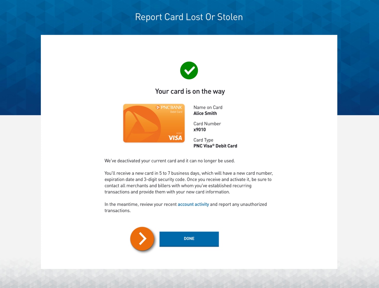 Screenshot of the Report Card Lost or Stolen success page.​