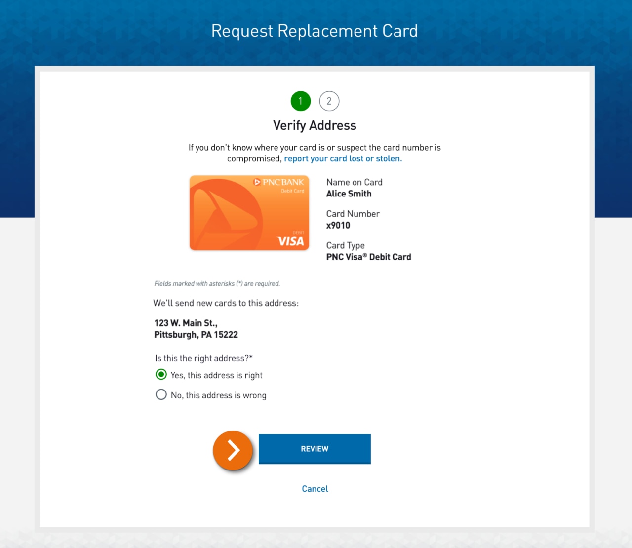 Screenshot of the Report Card Lost or Stolen page with instructions to verify address.​