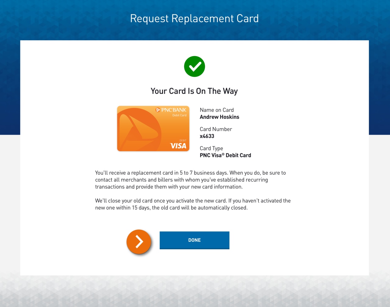 Screenshot of Requesting a Replacement Card confirmation