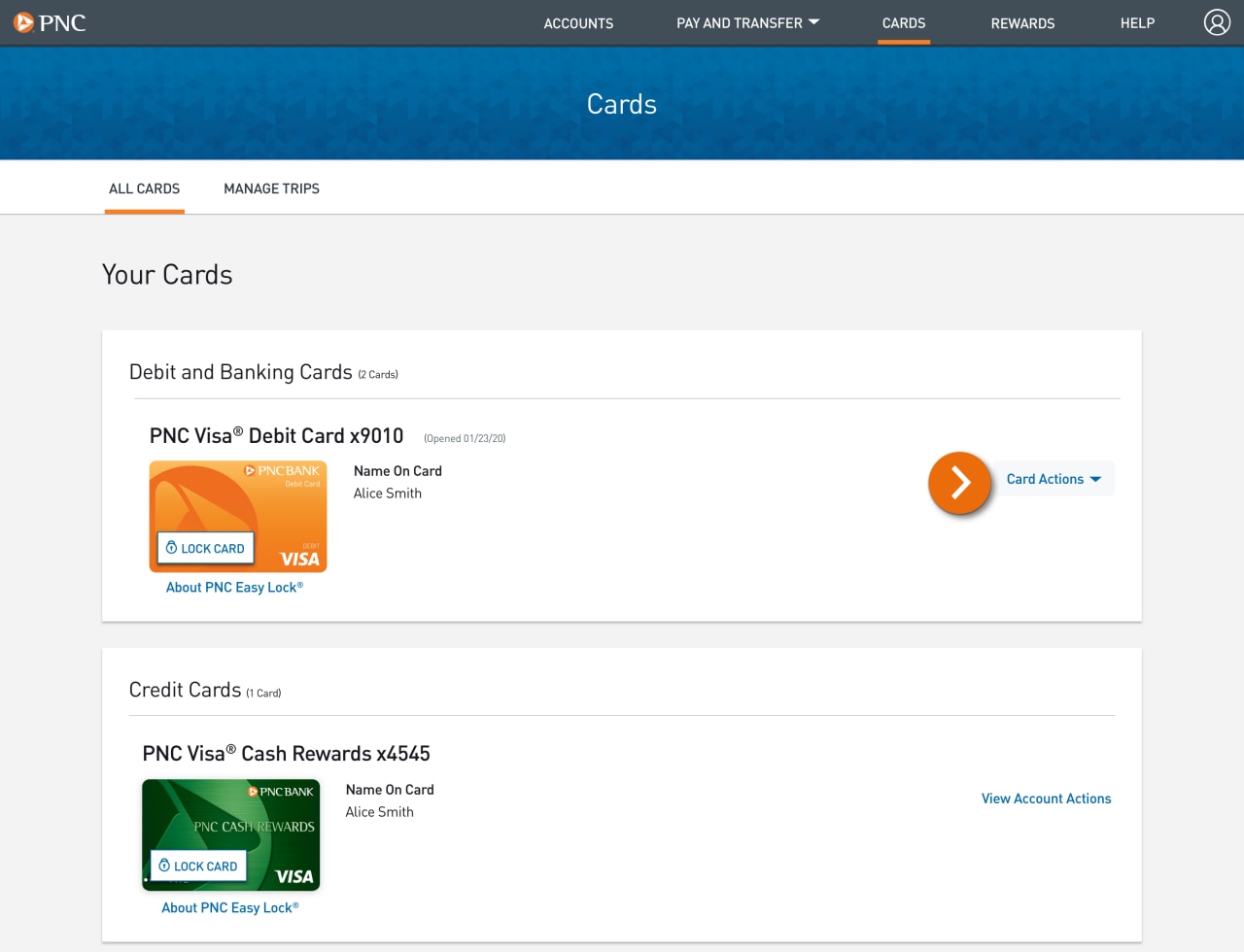 Screenshot of Cards page
