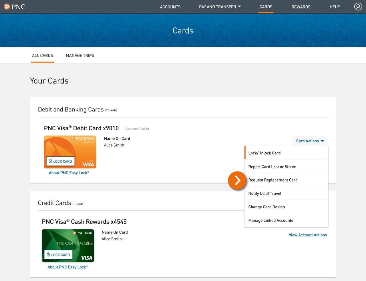 Screenshot of Cards page with Card Actions dropdown expanded