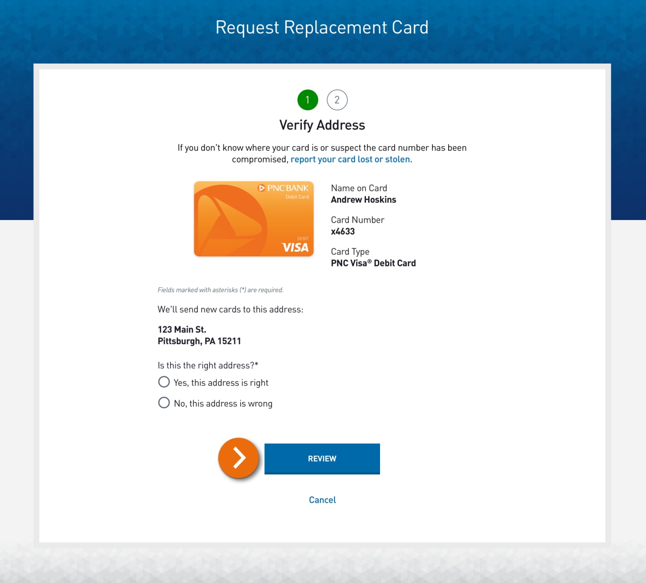Screenshot of Step 1 of Requesting a Replacement Card, address verification