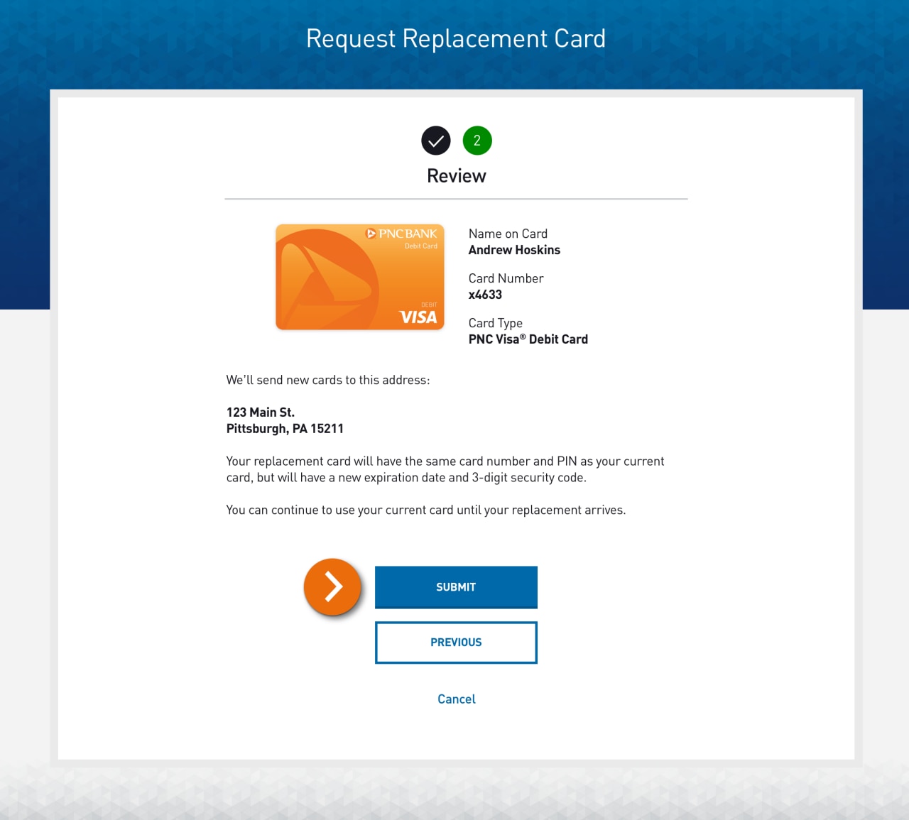 Screenshot of Step 2 of Requesting a Replacement Card, review information