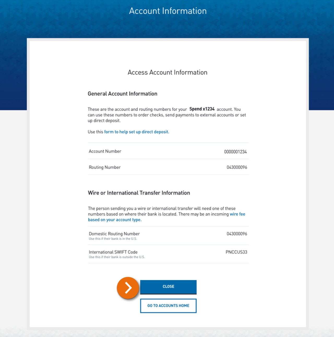 Screenshot of the account information page displaying the PNC routing number and customer’s account number.