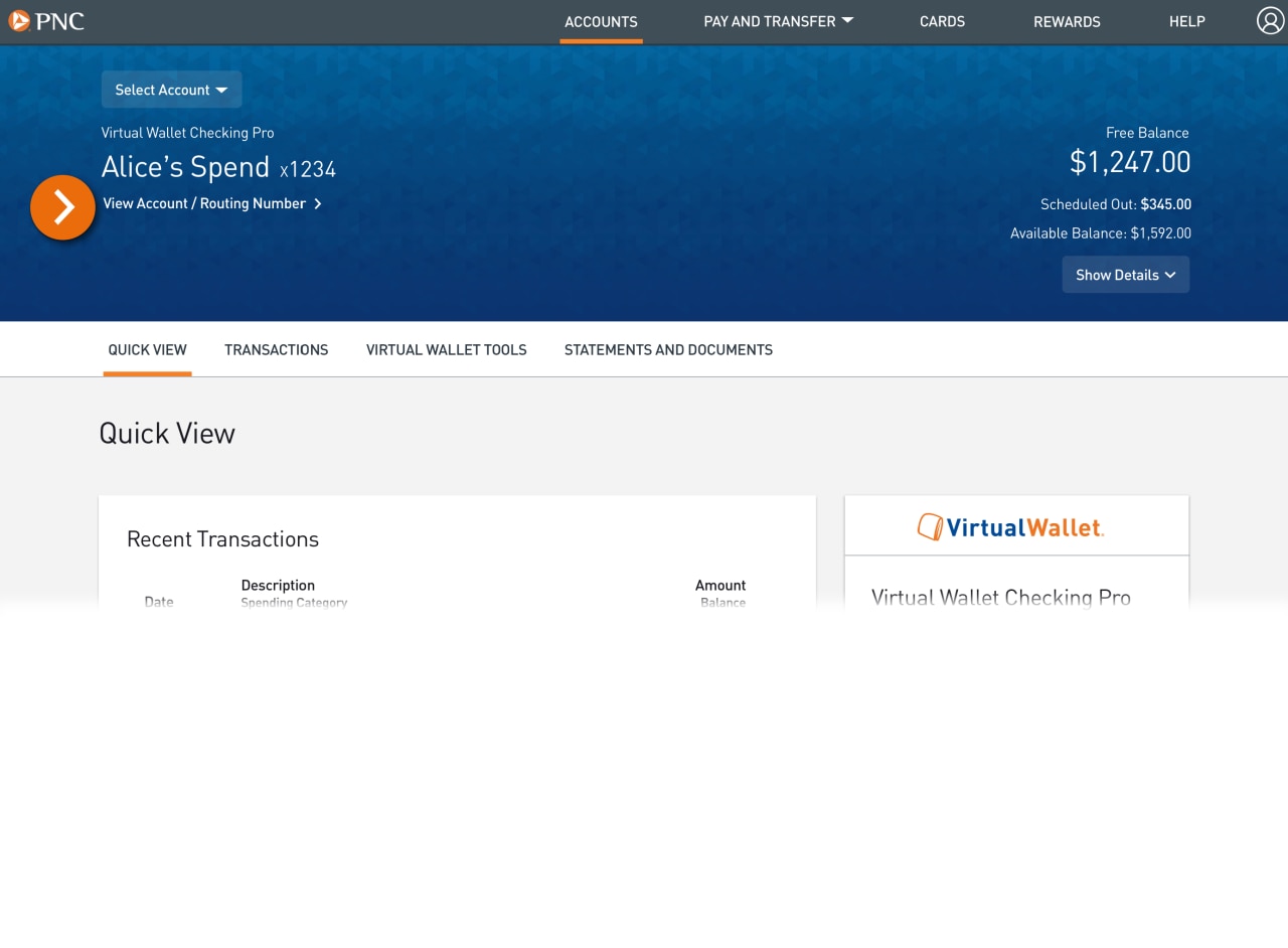 Screenshot of the Accounts landing page with focus on the link View Account / Routing Number