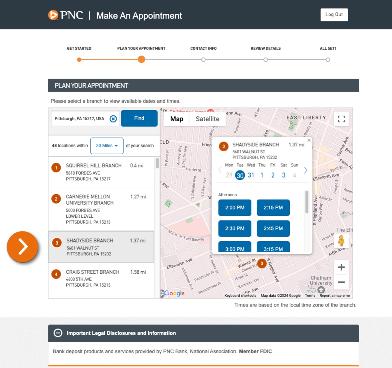 Screenshot of a map of PNC branch locations.