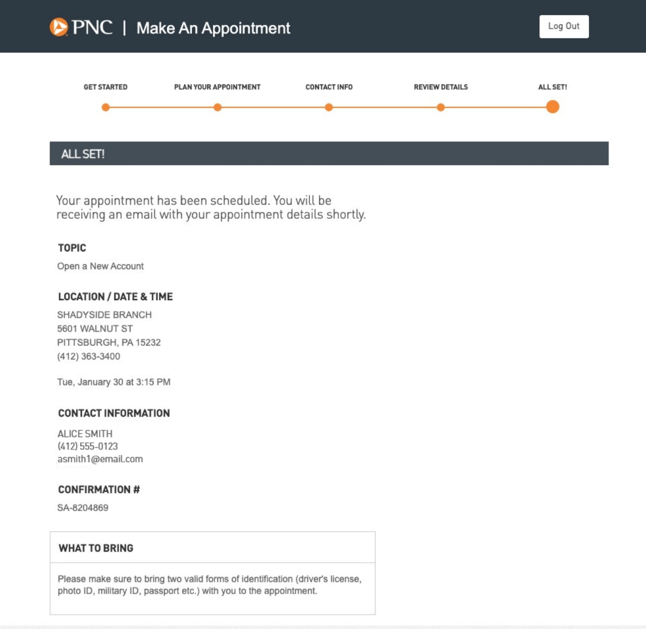 Screenshot of the Plan Your Appointment confirmation page.   .