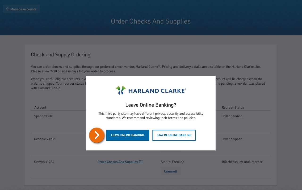 Screenshot of a message letting you know that you’ll leave this screen and be taken to Harland Clarke to make your order. 
