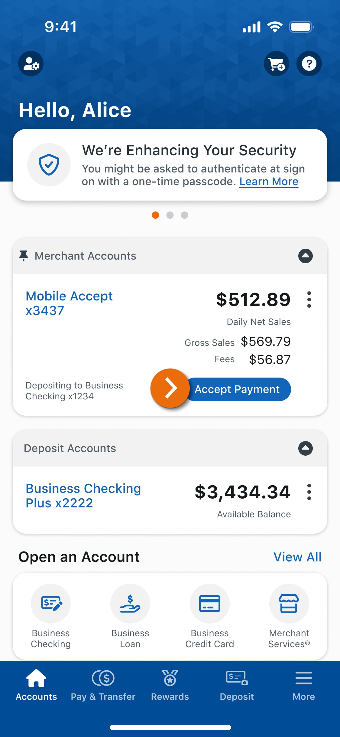 Image of the Business Checking main account view in the PNC Mobile App