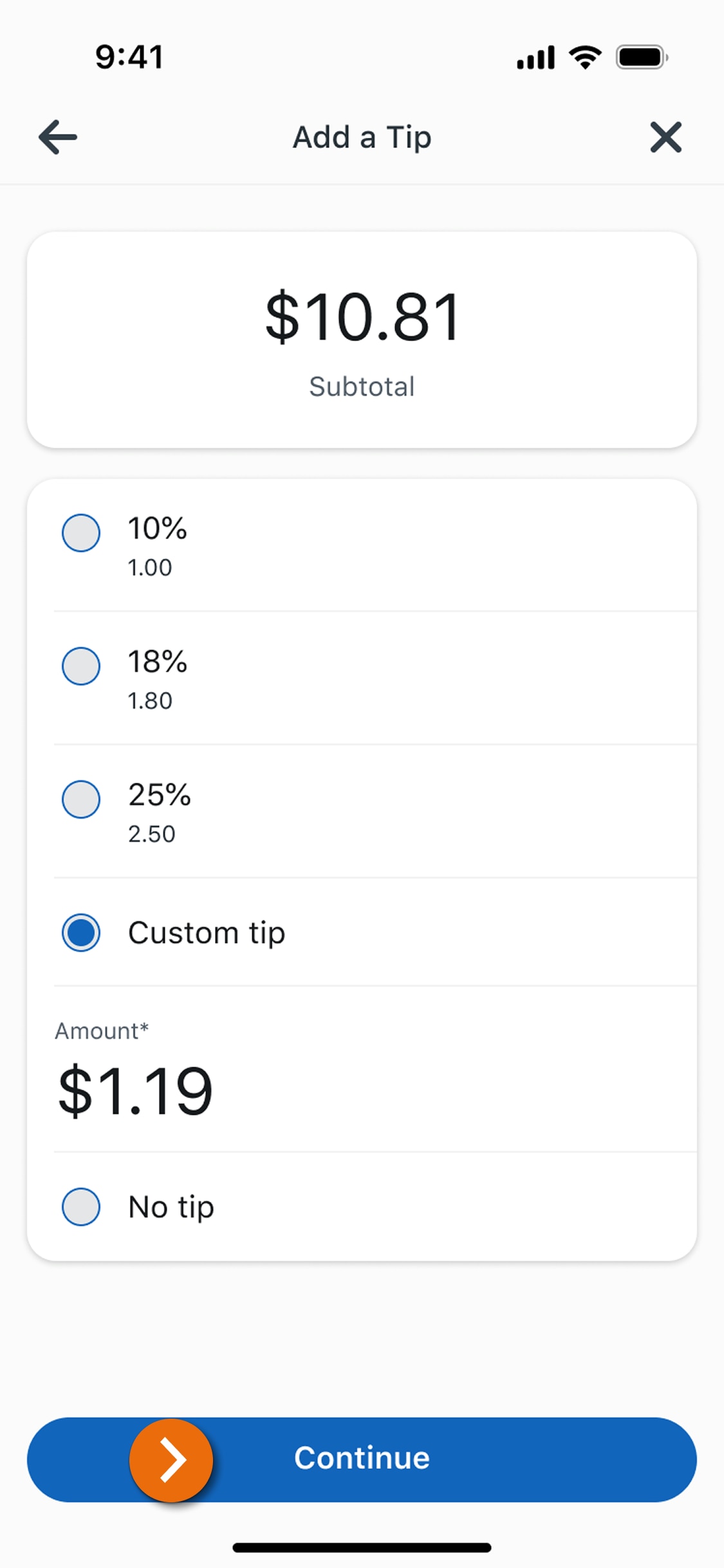 Image of the Custom Tip view in the PNC Mobile App​