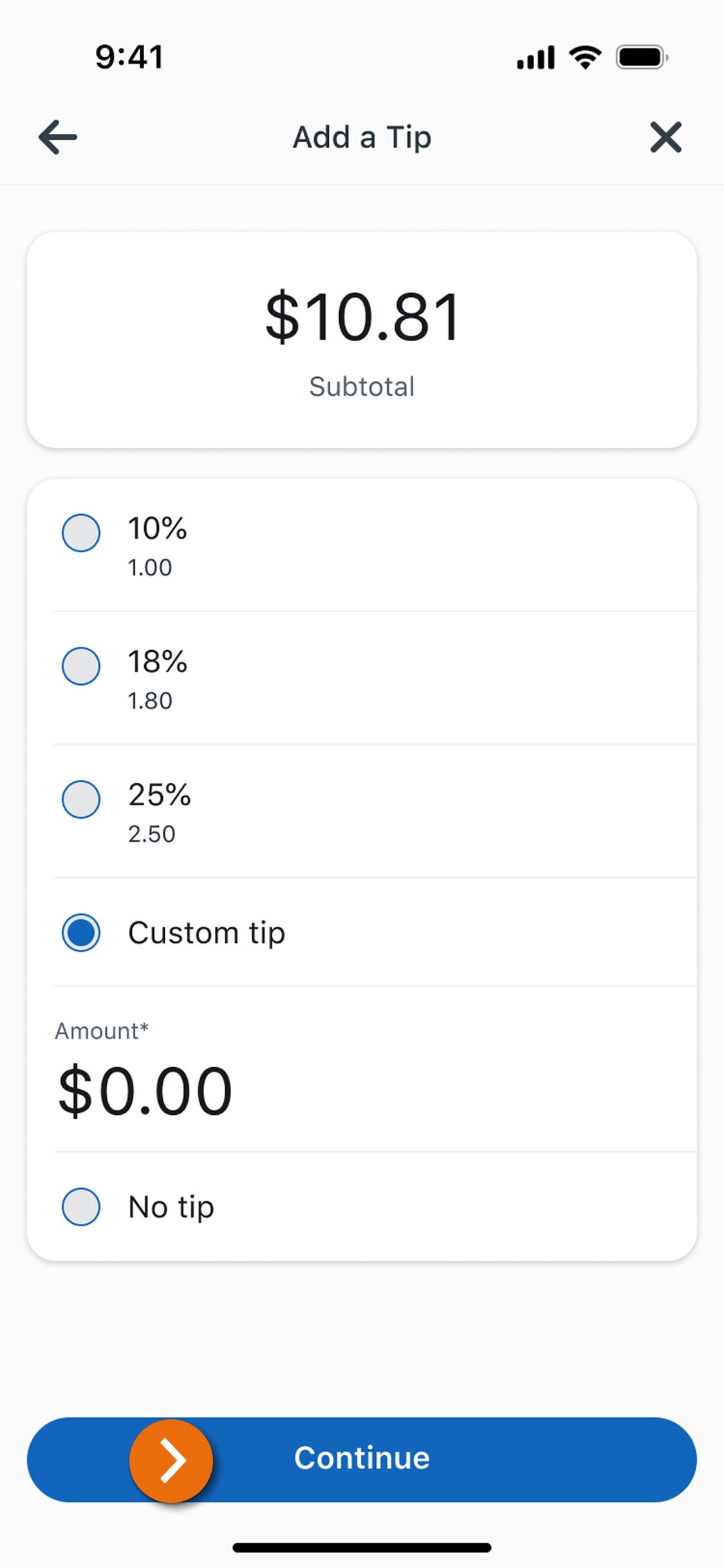 Image of the Accept Payment view in the PNC Mobile App with tip percentage fields, 10%, 18%, 25%, No Tips, Custom Tip​