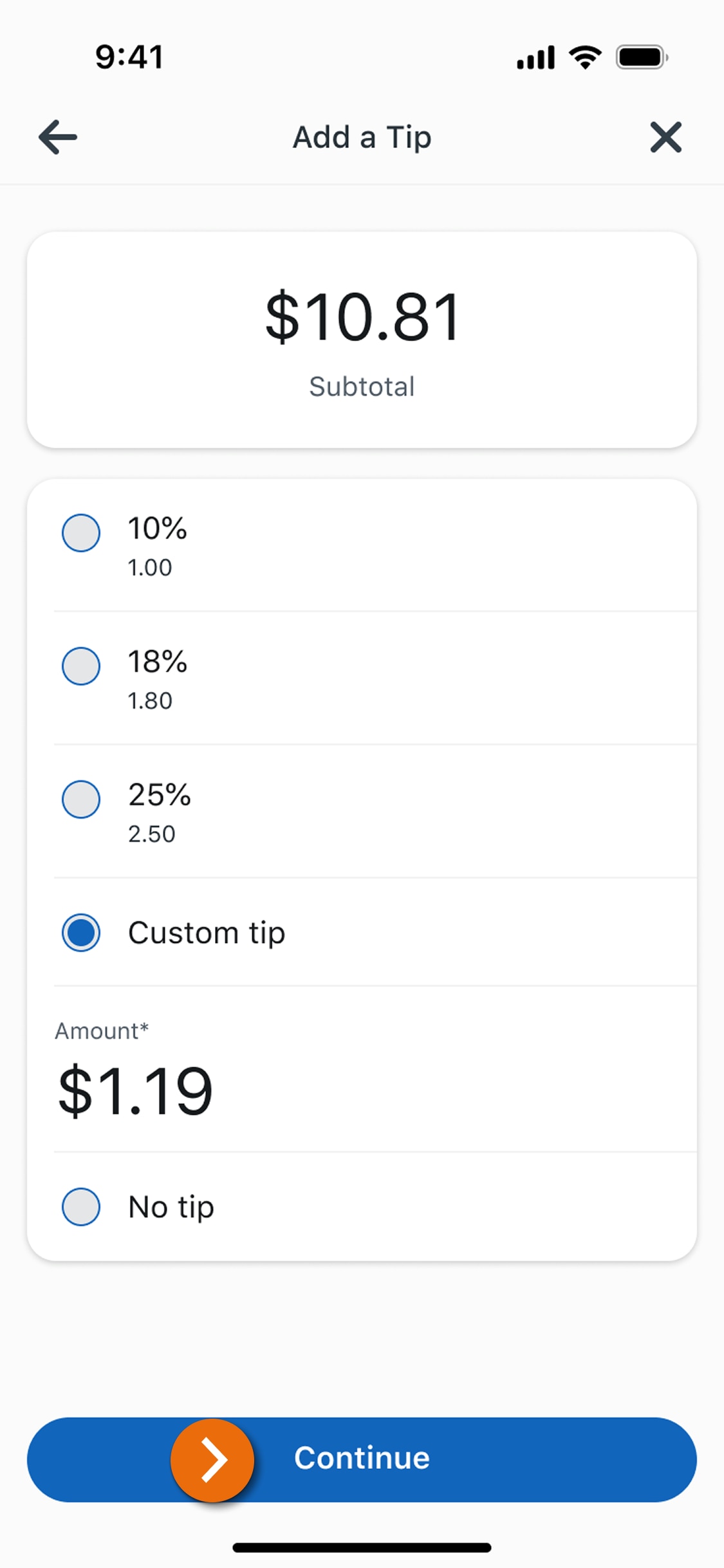 Image of the Custom Tip view in the PNC Mobile App