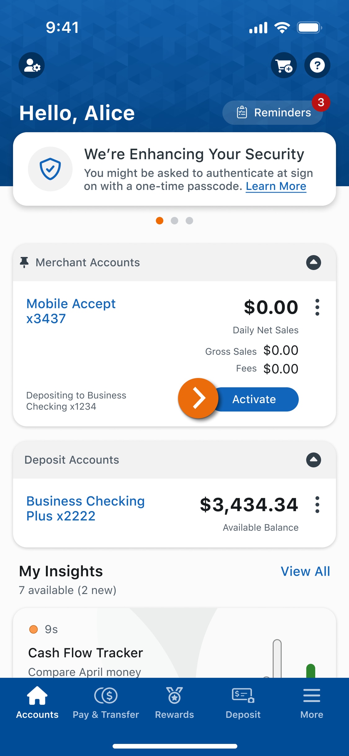 Image of the Business Checking main account view in the PNC Mobile App for customers eligible for Mobile Accept