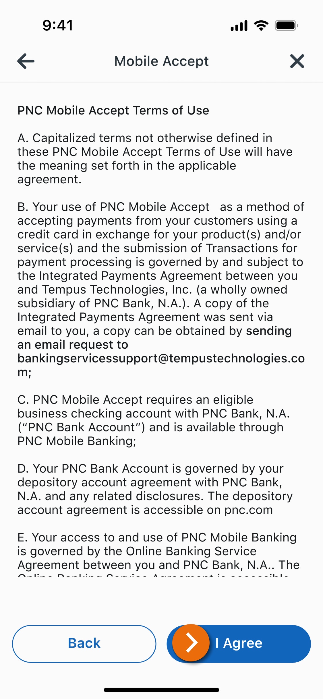 Image of the terms and conditions for PNC Mobile Accept in the PNC Mobile App