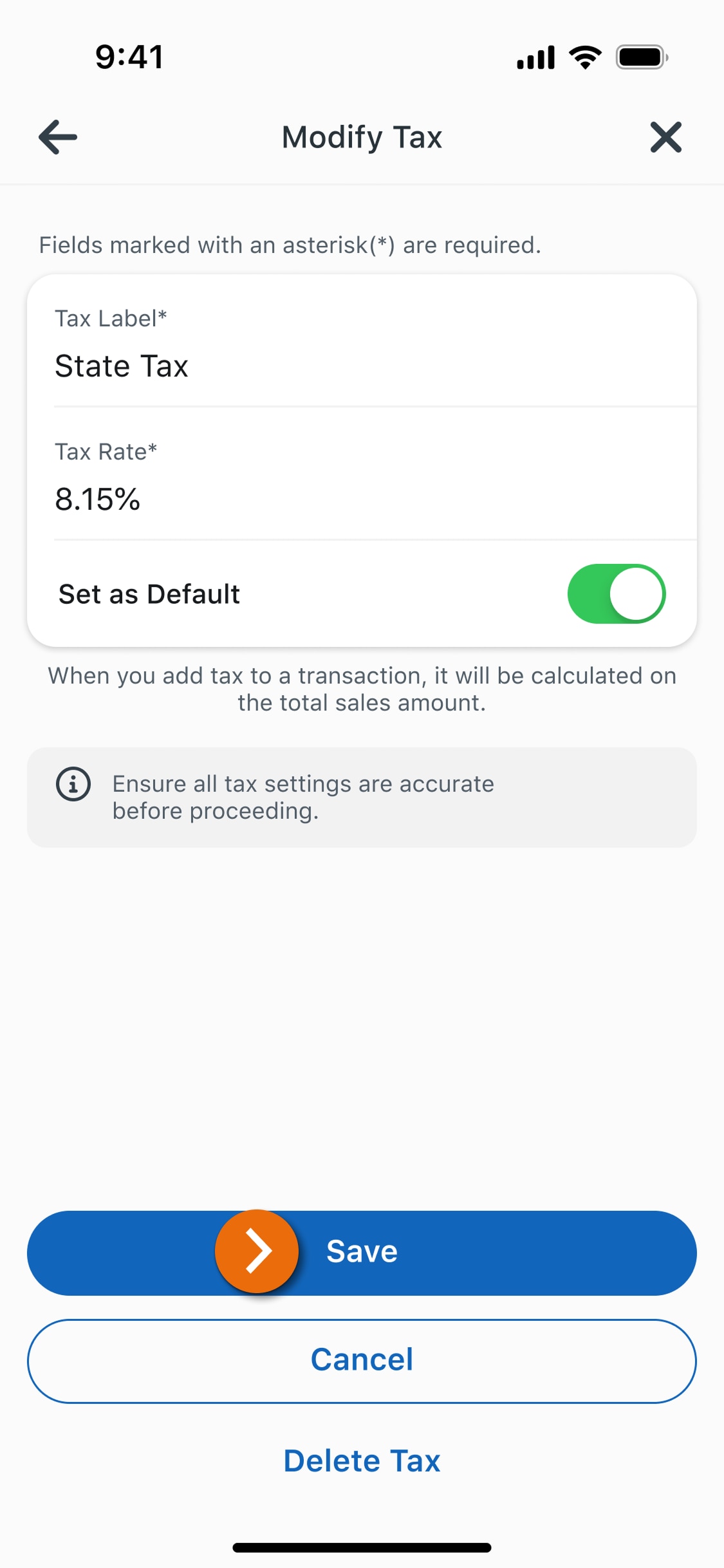 Image of the Modify Tax view in the PNC Mobile App. 