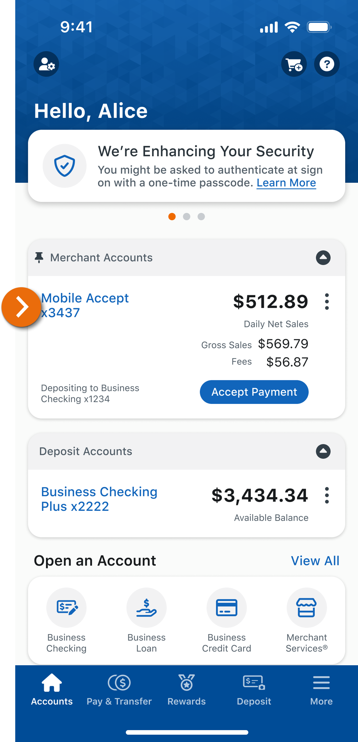  Image of the Business Checking main account view in the PNC Mobile App. 